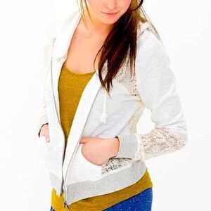 BKE Lounge Pieced Lace Hooded Zip-Up Sweatshirt